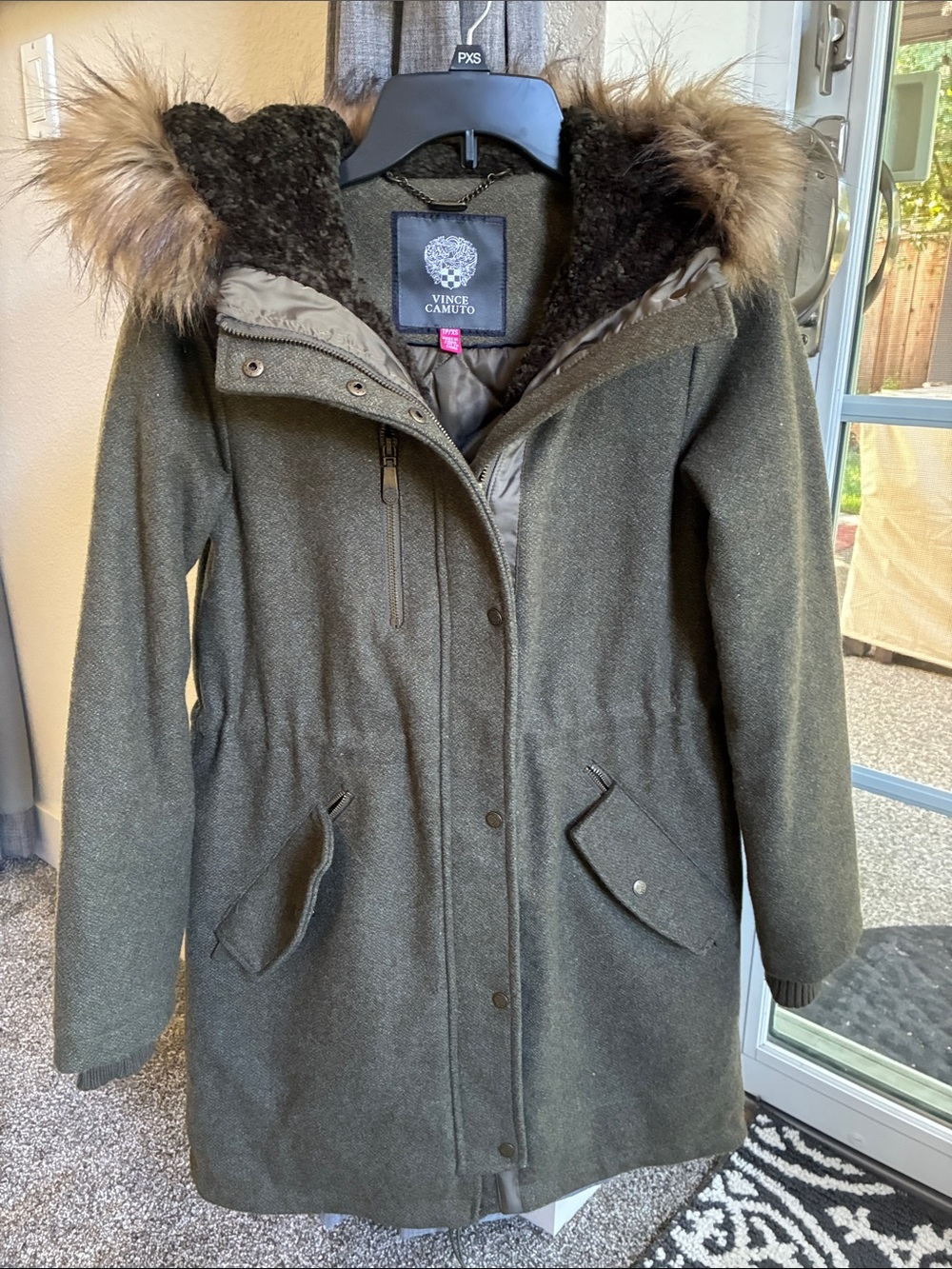 Vince Camuto Olive Hooded Wool-Blend Trench Coat with Faux-Fur Trim